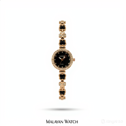 Gold Queen Black Clover Rhinestone Bracelet Watch