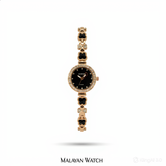Gold Queen Black Clover Rhinestone Bracelet Watch